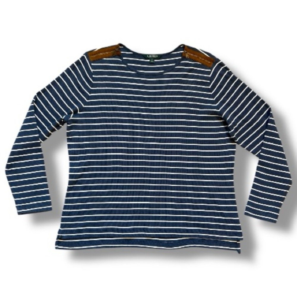 Lauren Ralph Lauren Navy & White Striped Long Sleeve Zipper Shoulder Top Size 2X
